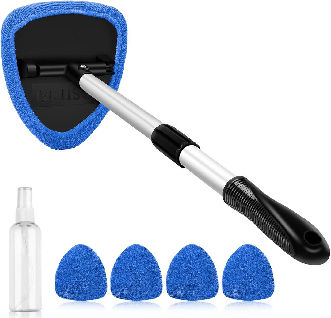 AstroAI Windshield Cleaner Tool, Car Interior Window Detailing Cleaning Kit with Extendable Handle and 4 Easy-to-Install Reusable Microfiber Pads, Auto Glass Wiper Brush Kit for Car&Home, Blue, 21in