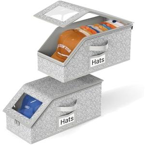AOODA 2 PCS Stackable Hat Storage for Baseball Caps, Holds up to 24 Caps Hat Organizer for Closet, Sturdy Snapback Boxes for Men with Cardboard, Grey
