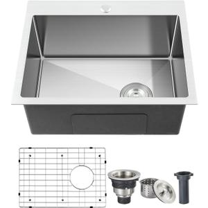 ROVOGO 20x16x9 in. Drop-in Kitchen Sink Single Bowl, 304 Stainless Steel Handmade Modern Sink Top Mount with Bottom Grid and Offset Drain, 1 Hole, Brushed (Brushed Offset Drain)