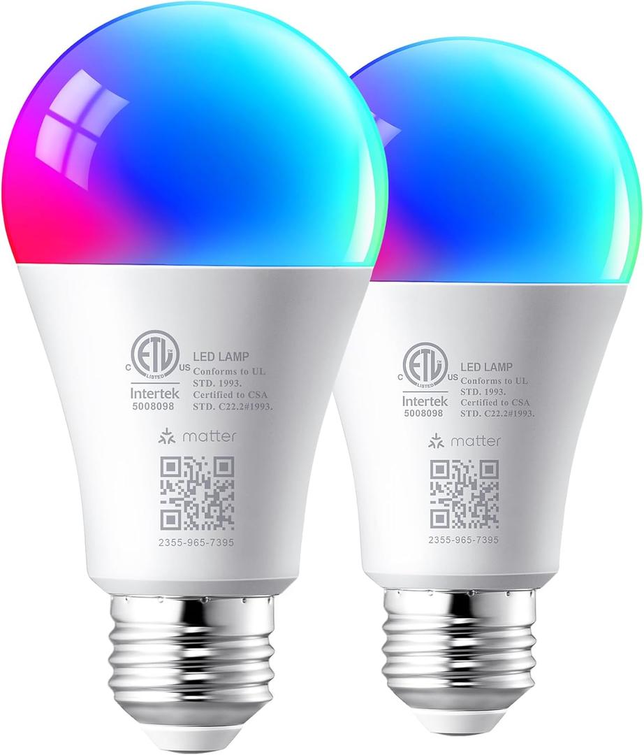 EDISHINE Matter Smart Light Bulbs, Smart Bulbs Work with Apple Home/Alexa/Google Home/SmartThings, RGBTW Color Changing Light Bulb Music Sync, 2.4GHz WiFi Bulb, 800LM Equivalent 60W, A19, E26, 2PCS