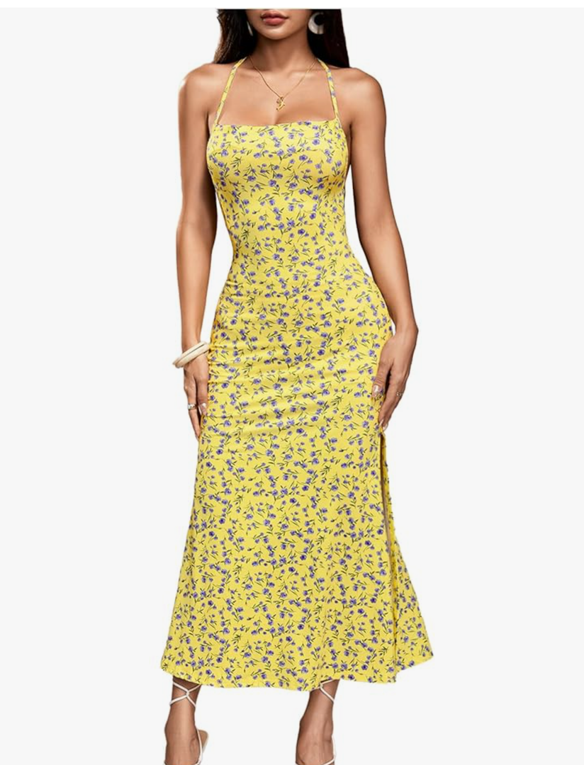 Floerns Women's Summer Blackless Floral Print Halter Neck Midi Dress
L