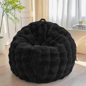LIFEREVO Kids Fluffy Faux Rabbit Fur Bean Bag Chair Cover (No Filler), Soft Luxury Fuzzy Stuffed Animal Storage Bubble Bean Bag Home Decoration, Comfy Shaggy Furry Bean Bag Cover Kids Teens, Black (Small(28"x28"x32"))