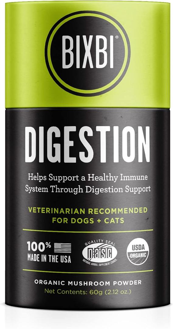 BIXBI Dog & Cat Clean Digestion Support, 2.12 oz (60 g) - All Natural Organic Pet Superfood - Daily Mushroom Powder Supplement - USA Grown & USA Made - Veterinarian Recommended for Dogs & Cats, Exp Date: 08/26