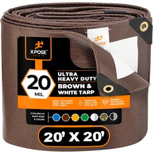 20' x 20' Ultra Heavy Duty Brown/White Tarp - 20 Mil, Waterproof, UV Protection, Reinforced Corners - Extra Large Outdoor Tarp Cover for Rain, Camping, Tent