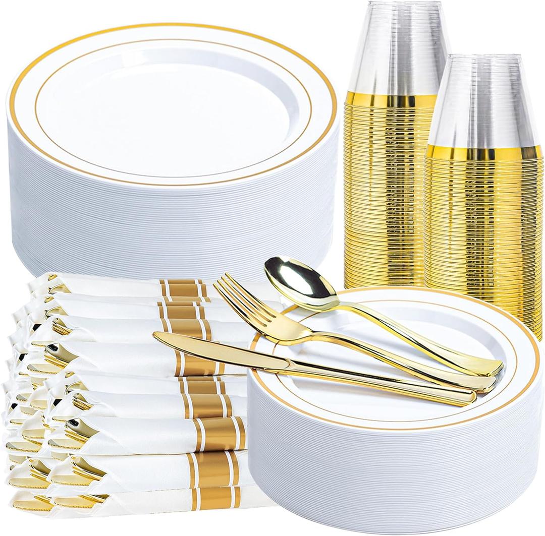 350PCS Gold Plastic Plates Dinnerware Set, Thanksgiving Disposable Plates, 50 Dinner and 50 Dessert Plates, 50 Pre Rolled Napkins with Silverware and 50 Cups for Party and Wedding