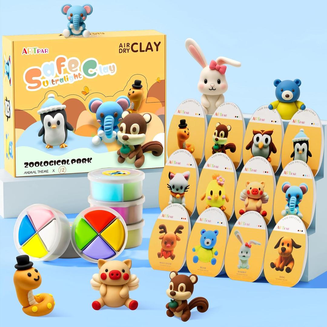 ARTPAR Air Dry Clay Kit for Kids-12 Animals Modeling Magic Clay,DIY Art Crafts Molding Clay Set,Ultra Light & Soft, Safe & Non-Stick with Sculpting Tools & Tutorials, Unique Gifts for Boys & Girls