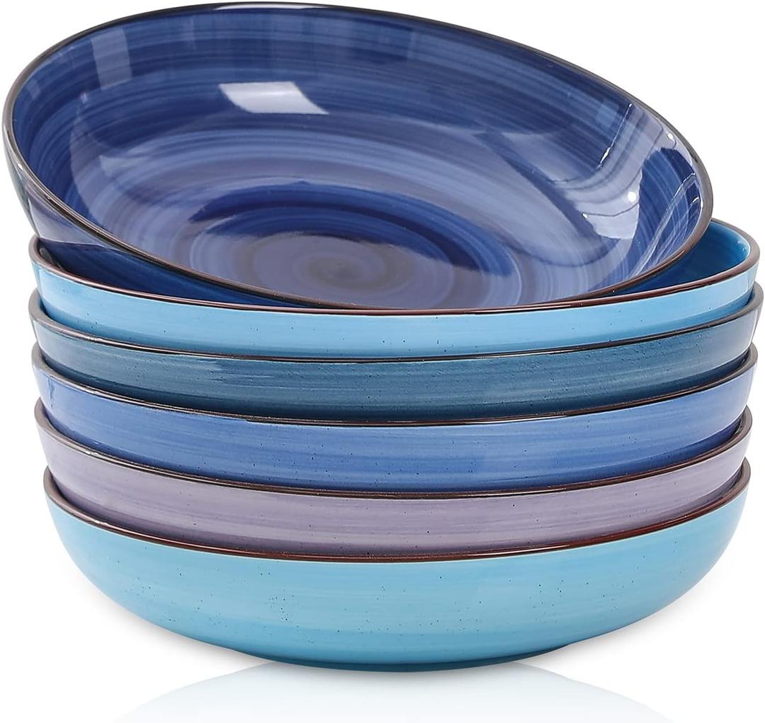 Selamica Porcelain 26 Ounce Salad Pasta Bowls, 8 inch Wide and Shallow Serving bowls, Microwave & Dishwasher Safe, Sturdy & Stackable, Set of 6, Gradient Blue