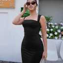 Women's Elegant Sleeveless Square Neck Bodycon Ruched Long Evening Party Dress (Black)