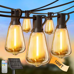 100FT Solar String Lights Outdoor Waterproof with Remote & Timer, LED Shatterproof ST38 Bulbs, USB & Solar Powered Patio Lights for Backyard, Porch, Garden, Wedding, Christmas Decor