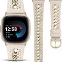 Minyee Leather Band Compatible with Fitbit Versa 4/3/Fitbit Sense 2/1 Bands Women, Dressy Premium Leather Designer Strap with Stainless Steel Metal Chain for Versa 3 4 Sense 2 Smartwatch (Starlight/Champagne Gold)