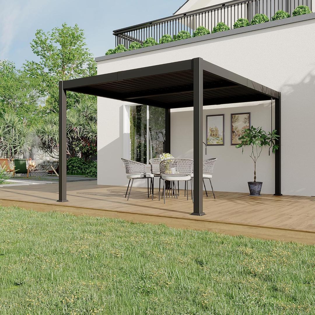 10X12 FT Pergola with Independent Adjustable Rainproof Roof, Outdoor Aluminum Louvered Pergola with Adjustable Top for Deck Garden Backyard