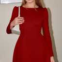 GOBLES Women's Elegant Fall Long Sleeve Boat Neck High Waist A-line Cocktail Dress (Red, M)