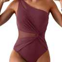 One Shoulder One Piece Swimsuit for Women Mesh Tummy Control Bathing Suit Twist Swimwear (Large, Blush Red)