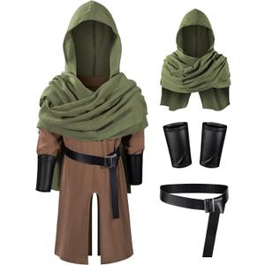 TOKYO REVENGERS Kids Medieval Renaissance Pirate Costume Knight Cosplay Outfit LARP Costume Accessories Set (10-11 Years, Brown-army Green)