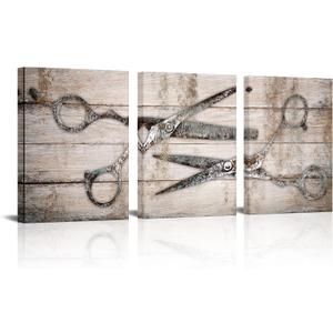 Kalormore Vintage Haircut Scissors Picture for Barbershop Fashion Salon Wall Art Gallery Wrapped Artwork Retro Rustic Haircut Tools Poster Ready to Hang Wall Decoration (12x16x3)