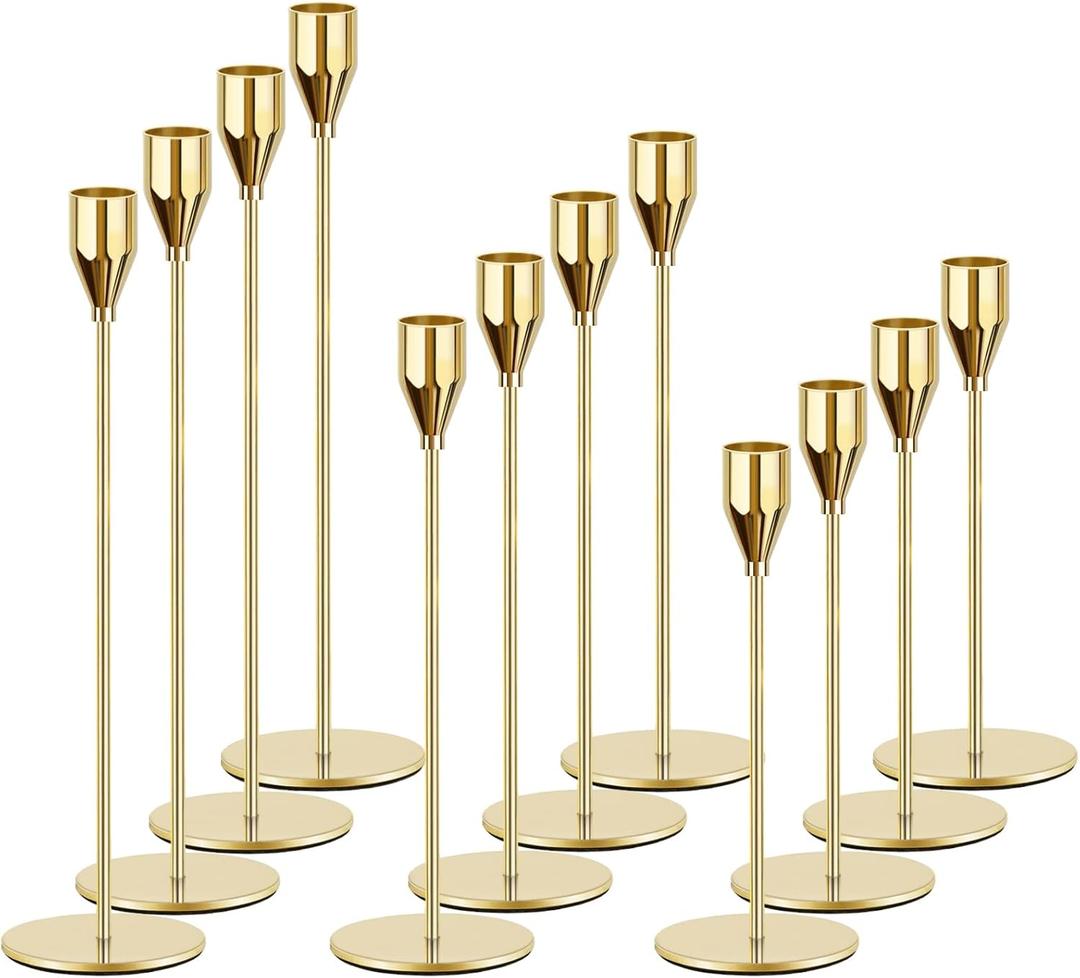 Gold Candle Holders for Taper Candles, FODIENS Set of 12 Metal Candlestick Holders, Decorative Tapered Candle Stick Holder for Wedding Dinning Anniversary Party Table Centerpiece (Bright Gold)