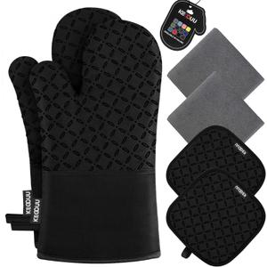 KEGOUU Oven Mitts and Pot Holders 6pcs Set, Kitchen Oven Glove High Heat Resistant 500 Degree Extra Long Oven Mitts and Potholder with Non-Slip Silicone Surface for Cooking (Black)