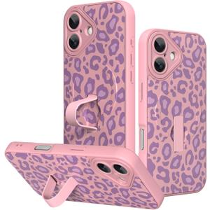 KANGHAR Compatible with iPhone 17 Case Pink Leopard Print Pattern Compatible with Magsafe Cute Cheetah Wristband Stand Phone Magnetic Cover for Women Girls Men Protective Cover