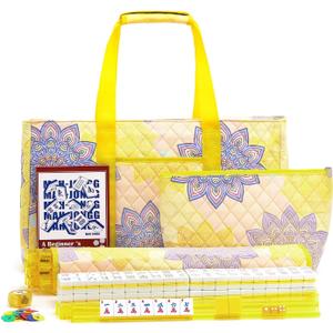 American Mahjong Tile Set with Printed Carrying Bag, 166 Premium Yellow Tiles, 4 All-in-One Racks/Pushers and Accessories, Mahjong Set, Complete Mahjong Game Set for Travel,GiftsYellow