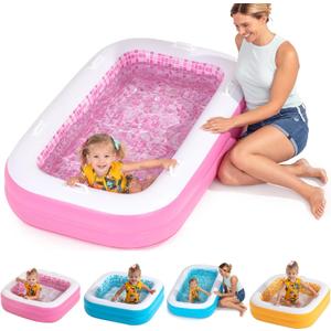 2-in-1 Inflatable Kiddie Pool, 65"x39"x10" (5'5") Soft Cushioned Floor, Handles, Drain, Shallow Rectangular Blowup Swimming Pool for Kids Age 2+ Toddler Ball Pit, Small Adult Backyard Tanning Pool