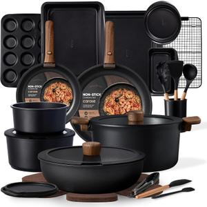 CAROTE 31pcs Pots and Pans Set Non Stick, Cookware Set Detachable Handle | Baking Pans Set, Induction Compatible, Dishwasher & Oven Safe, Space Saving, Camping Cooking Set, Kitchen Set, Black, 31 Piece