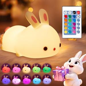 One Fire Easter Bunny Gifts for Kids Night Light with Remote, 16 Colors+5 Brightness Cute Lamp,Easter Bunny Decor/Stuff/Toys for Baby Toddler Soft Silicone Night Light, 1200mAh Portable Bunnies Lamps