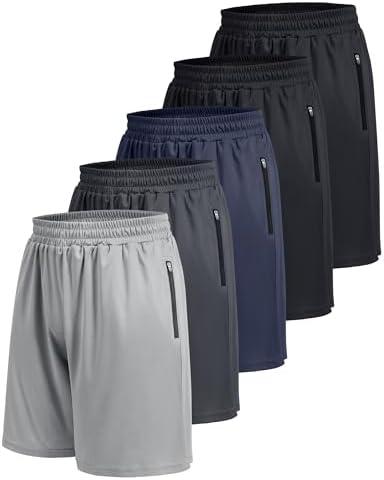 BOOJO 5 Pack Athletic Basketball Mens Shorts with Zipper Pockets - Lightweight Quick Dry Gym Workout Running Shorts for Men L