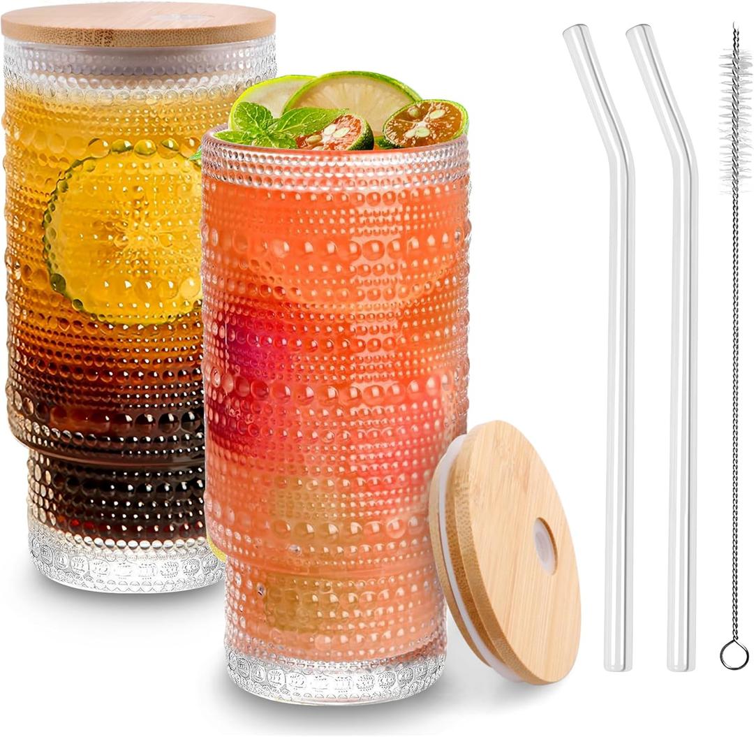 Glass Cups with Lids and Straws, Embossed 16 oz Glass Tumbler, Iced Coffee Cups with Lids, Ideal for Cocktail, Whiskey(2PACK)