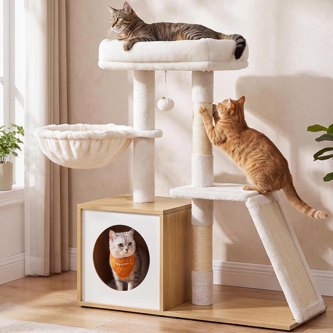 Feandrea Cat Tree, 3-Tier Cat Tower with Scratching Post and Wood Condo