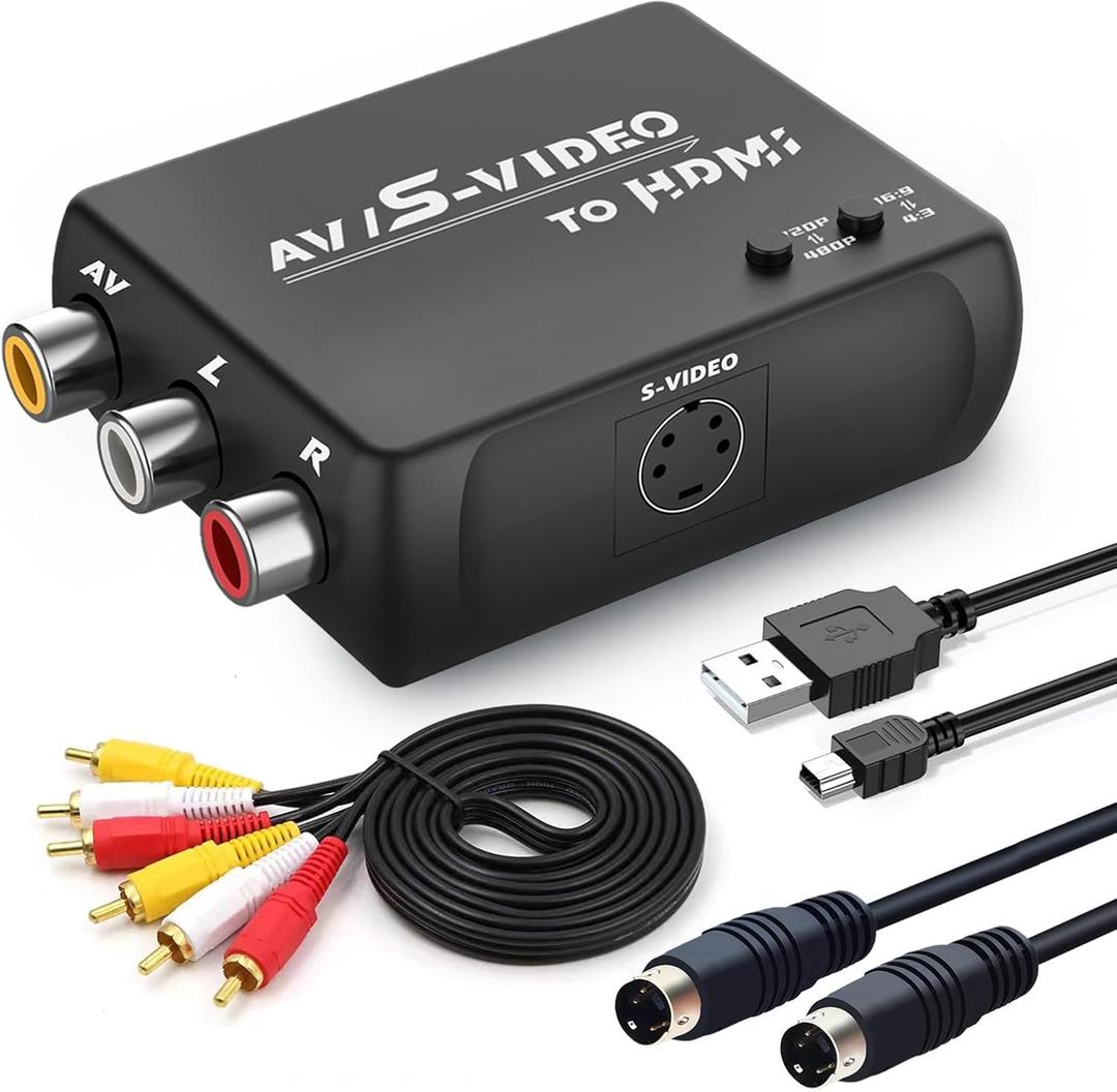 S Video RCA to HDMI Converter with RCA Cable + Svideo Cable + USB Cable, S-Video AV to HDMI Converte Compatible for PAL/NTSC for TV/PC/PS1/PS2/ STB/Xbox/VHS/VCR/DVD