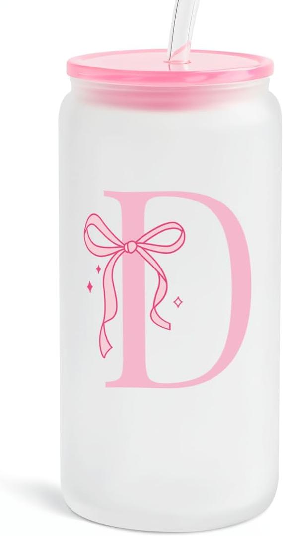 SANDJEST Monogrammed Glass Drinking Can Cup with Acrylic Lid and Straw, Personalized Frosted Iced Coffee Tumbler 16oz, Monogram Initial Gifts for Women Girls on Birthday (D)