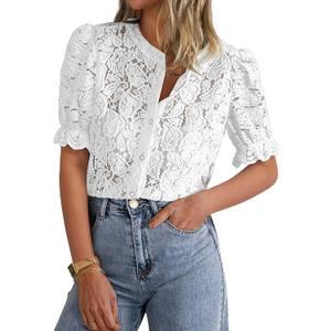 PRETTYGARDEN Womens 2026 Spring Lace Tops Short Puff Sleeve Casual Dressy Blouses Eyelet Crew Neck Button Down Shirts (White, M)