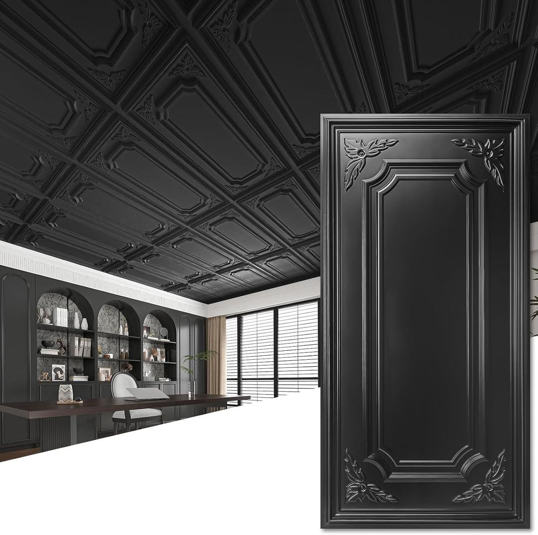 Art3dwallpanels 12 Pack Drop Ceiling Tiles, 2x4 Ft PVC Decorative 3D Wall Panel, Glue Up Ceiling Covering Panels for Basement Kitchen Bathroom, 24x48 Inch, Cover 96 Sq. Ft, Black