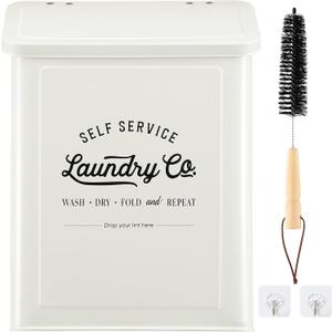 MONJITA Magnetic Lint Bin for Laundry Room, Metal Trash Can with Lid for Dryer, Farmhouse Lint Holder, Laundry Co Sign, Laundry Room Storage Decor with Dryer Lint Brush(White)