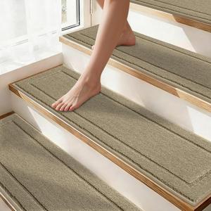 Non-Slip Stair Treads for Wooden Steps Indoor, 15 Pack 8" X 30" Edging Stair Rugs with TPE Backing, Carpet Stair Treads for Kids Elders & Pets, 100% Polyester Soft Stair Runners, Beige