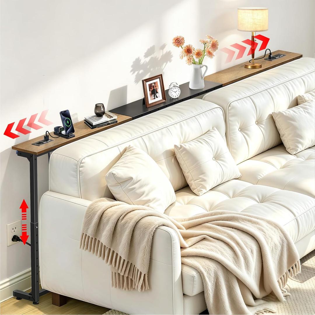 Narrow Console Table Behind Couch, Adjustable 88.5-104" L & 24.8-35.8" H Extra Long Sofa Table Behind Couch with 2 Power Outlets, 5.9" Skinny Console Table Entryway Shelf, Small Spaces, Rustic Brown