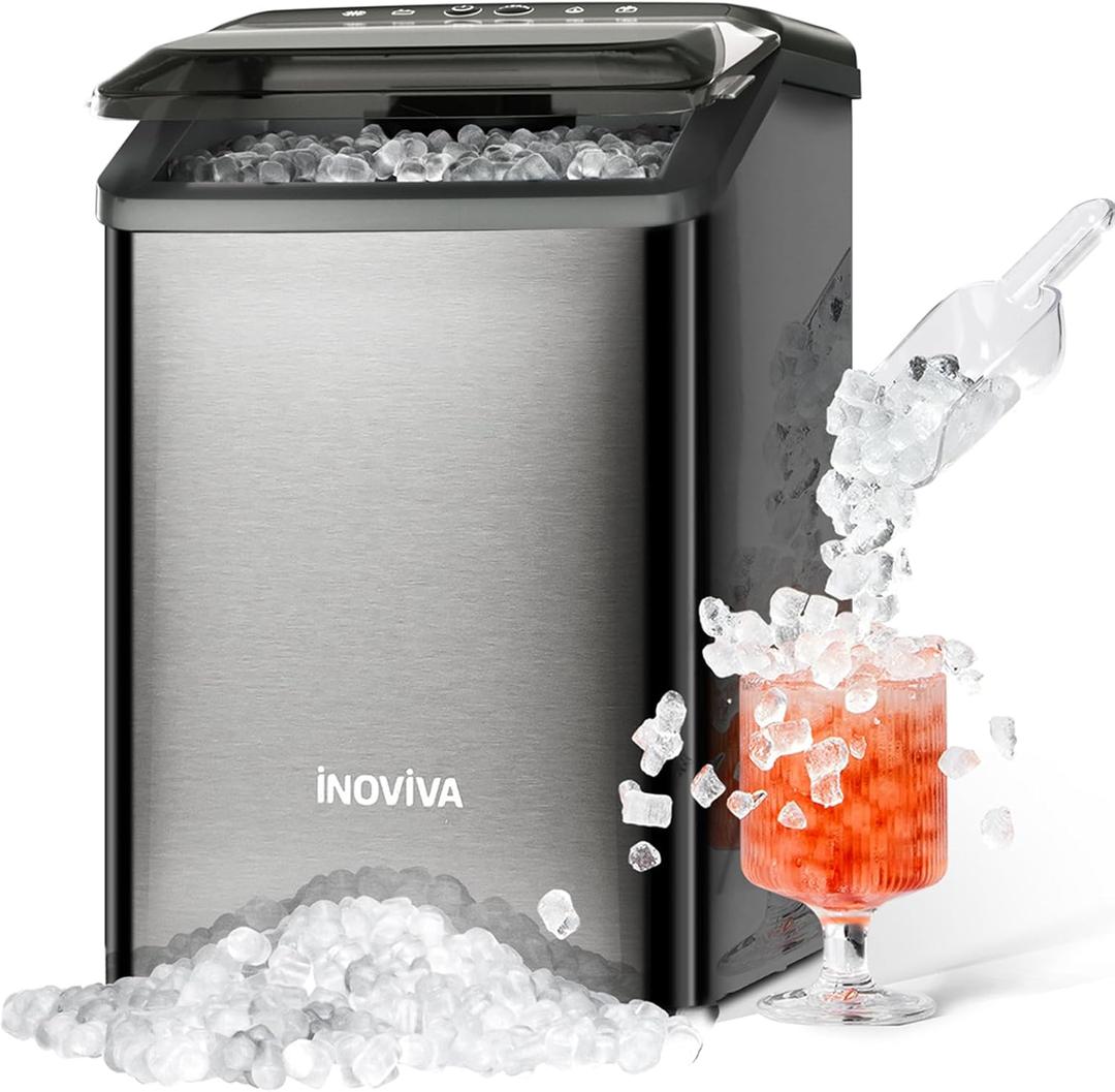 Inoviva Nugget Ice Maker Countertop, 40lbs/24H Soft Chewable Pellet Ice Machine with Self-Cleaning, Sonic Ice Maker for Home Kitchen, Office - Black Stainless