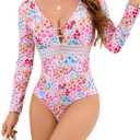 Jolefille Women One Piece Swimsuit Long Sleeve High Waisted Tummy Control Bathing Suit Full Coverage Rash Guard (M)