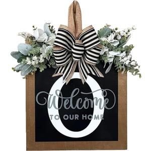 Last Name Year Round Front Door Wreath Front Porch Decoration 26 Letter Welcome Sign with Eucalyptus Garland and Bow Spring Wreaths for Front Door Outside Hanger GarlandO