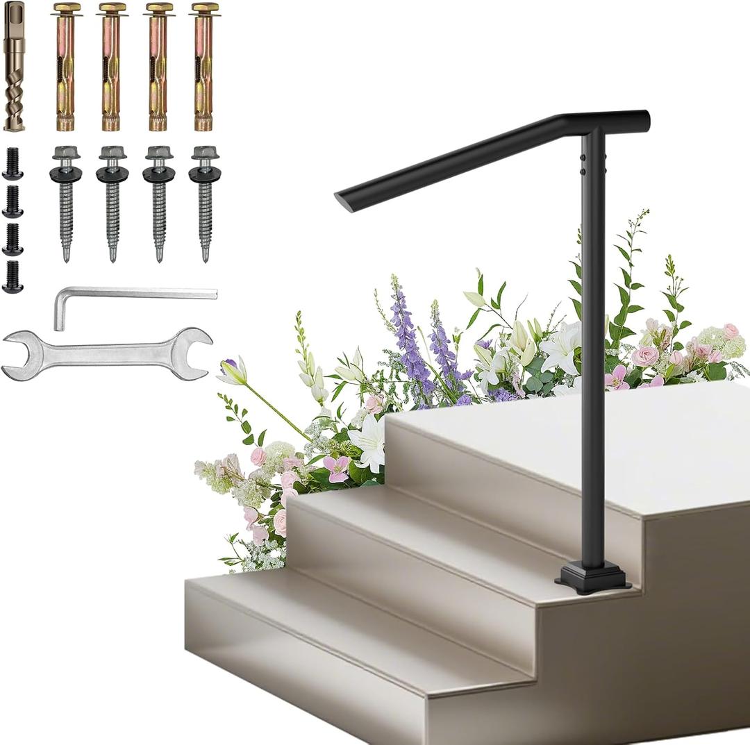 Handrail for Outdoor Step,1-3 Step Stair Railing-Heavy-Duty Metal Railings for Seniors-Powder Coated Single Post Handrail-Wrought Iron Railing for Concrete/Wood Porch/Deck/Indoor Outdoor Stair