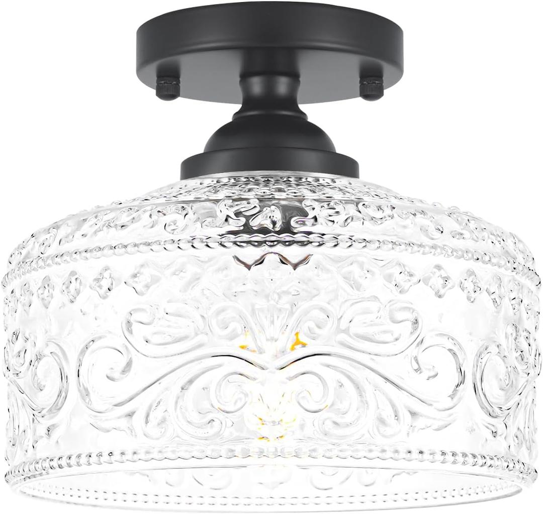 Small Semi Flush Mount Ceiling Light Fixture, Vintage Matte Black Close to Ceiling Lighting with Etched Glass Shade for Hallway, Kitchen, Entryway (Retro Design, Easy Install) (9.45in)
