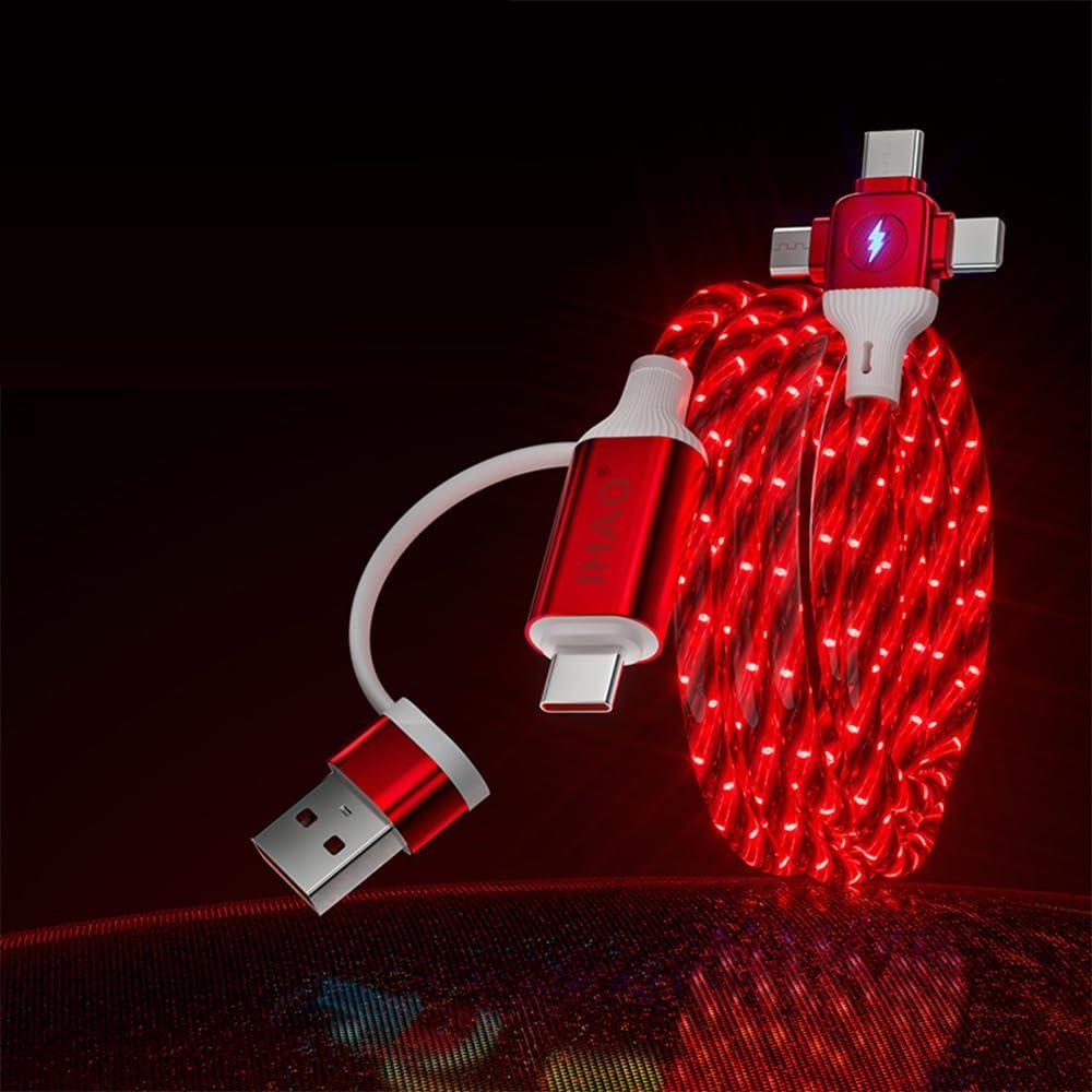 IHAO Multi Ports Charger Cable 6 Combinations in One Cable USBA/USBC to USB C/MicroUSB Fast Charging Cord Lighted Up LED Flowing Compatible with Almost All Electric Device-39Inches Starry Red