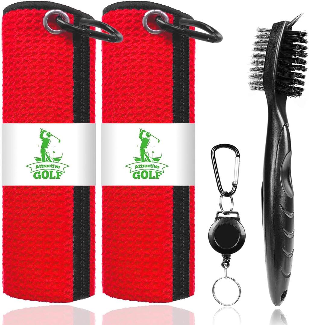 ATTRACTIVE Golf Towels, Microfiber Waffle Pattern Towels - Golf Club Brush with Cleaning (2 Red Towel+Black Brush)