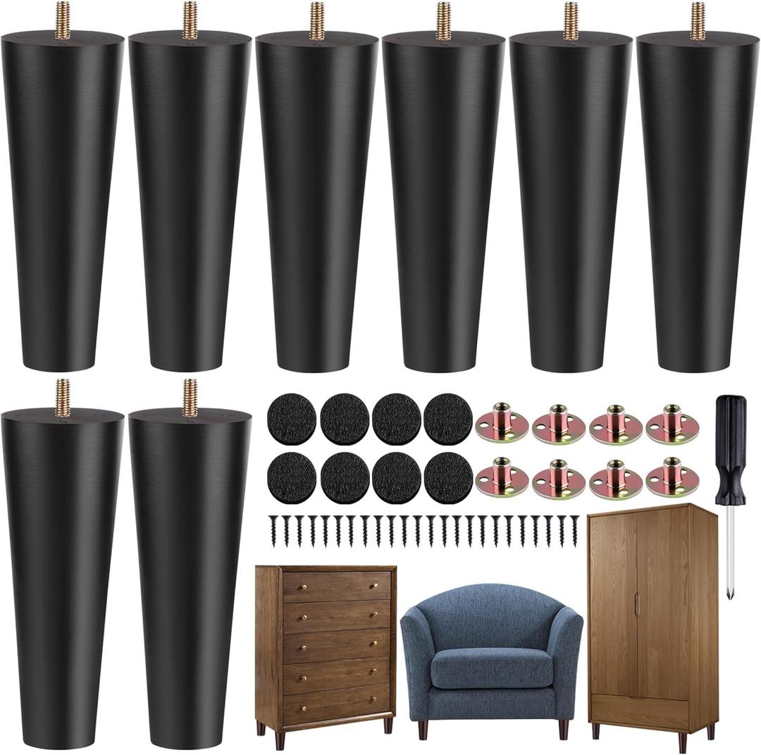 TURSTIN 8 Pieces Furniture Legs 8 Inches Round Solid Wood Furniture Feet with M8 T-Nuts Couch Legs Sofa Leg Replacement Leg for Armchair, Cabinet, Chair, Dresser or Home DIY Projects, Black