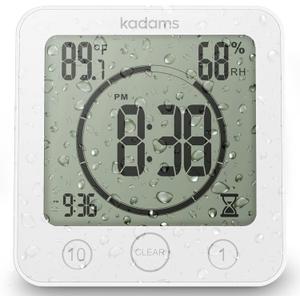 KADAMS Shower Clock Waterproof Bathroom Timer Digital Wall Clock with Countdown, Magnetic Kitchen Clock with Temperature & Humidity, Suction Cup for Kids Shower Spa Sauna Cook Bath, White