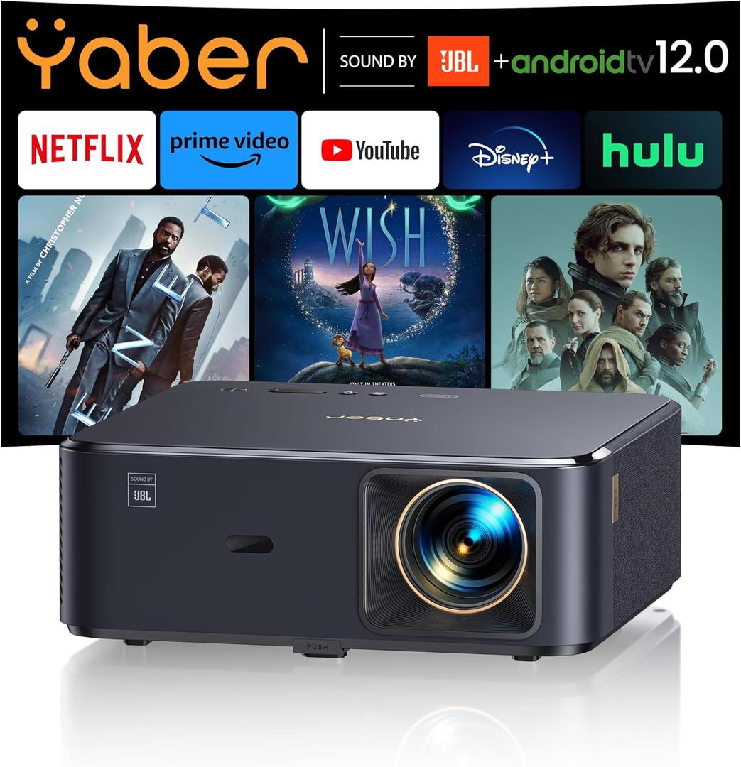 Projector 4K with Google TV, YABER K2s WiFi 6 Bluetooth Projector, Sound by JBL, Dolby Audio, Auto Focus & Keystone,Native 1080P 4K Supported Outdoor Movie Projector with Netflix 7000+ Apps (Standard, Black)