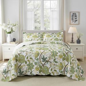 King Quilt Bedding Set, Cotton Bedspread Coverlet Lightweight, Vine Sage Oversized Comforter for All Season, Soft Reversible Bed Cover with 2 Pillow Shams (King(106"x98"))