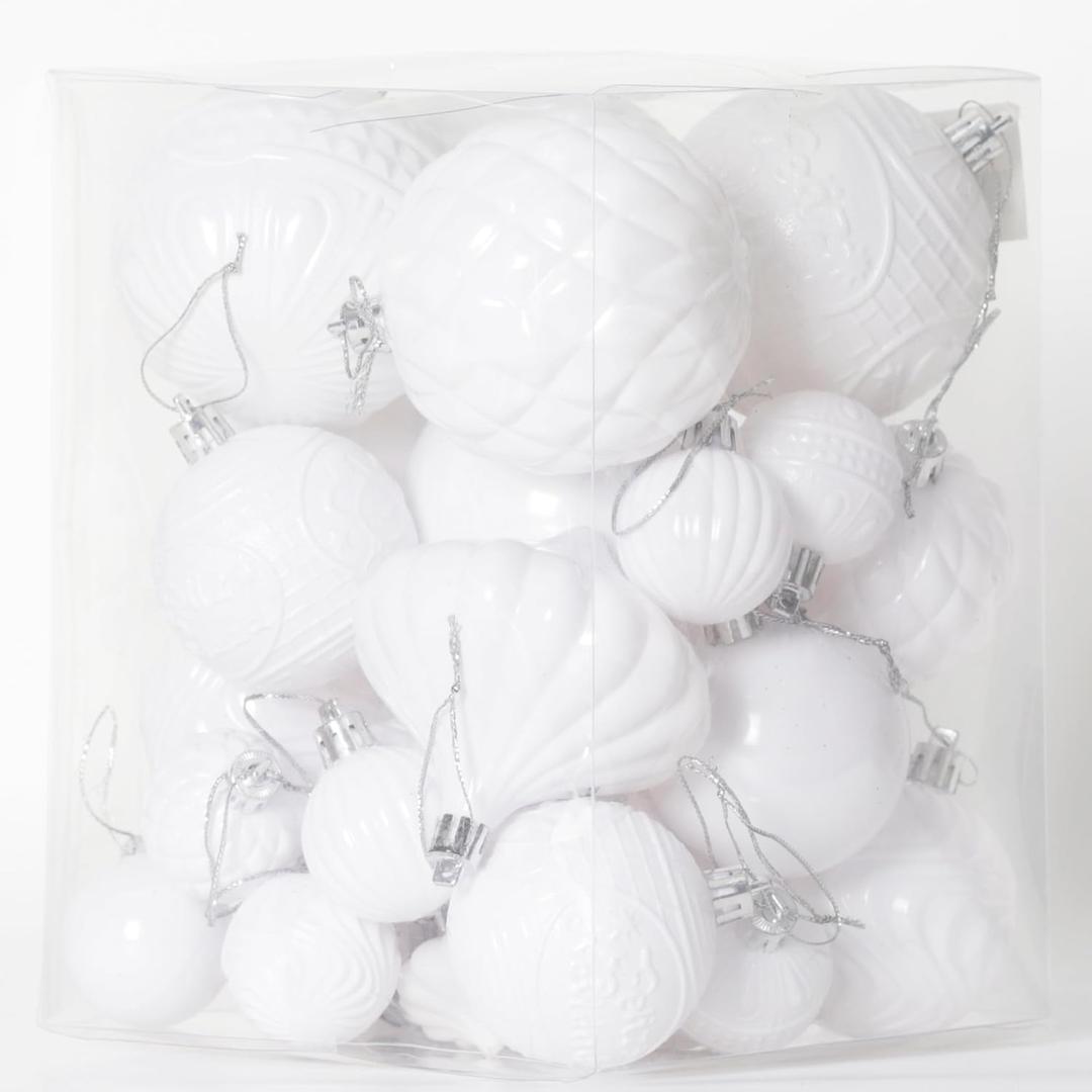 Senjie 36pcs Shatterproof Multi-Size Multi-Style White Christmas Ornaments