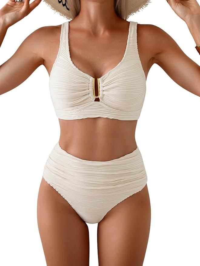 Eomenie Bikini Sets for Women High Waisted Two Piece Bathing Suit U Wired V Neck Swimsuit Adjustable Straps Swimwear (Small, Color: Beige-New)