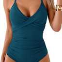 B2prity Women's One Piece Swimsuits Tummy Control Front Cross Bathing Suits Tie Back Slimming V Neck Swimwear (Green Solid Color)